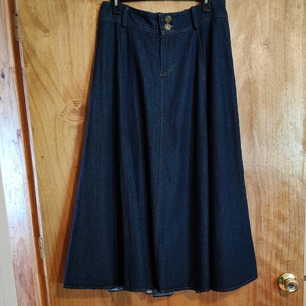 90s Vintage Cottagecore Dark Denim Skirt Double Button Belt Loops Long Flowy L